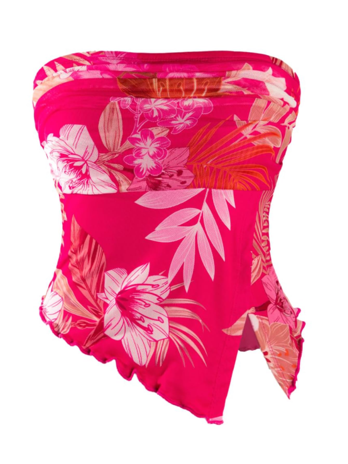 Milumia Women Floral Summer Mesh Ruched Tube Top Y2k Going Out Crop Tops | Strapless Tropical Hawaiian Tank, Vacation Outfits, Beach, Bandeau, Asymmetrical Split Hem