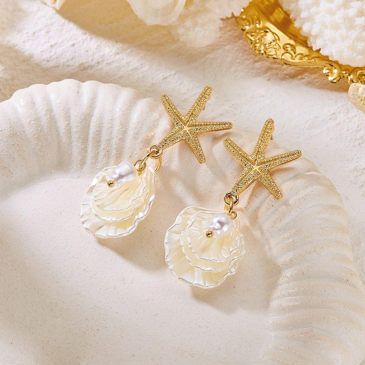 Starfish Shell Pearl Pendant Earrings for Women, Bohemian Beach Style