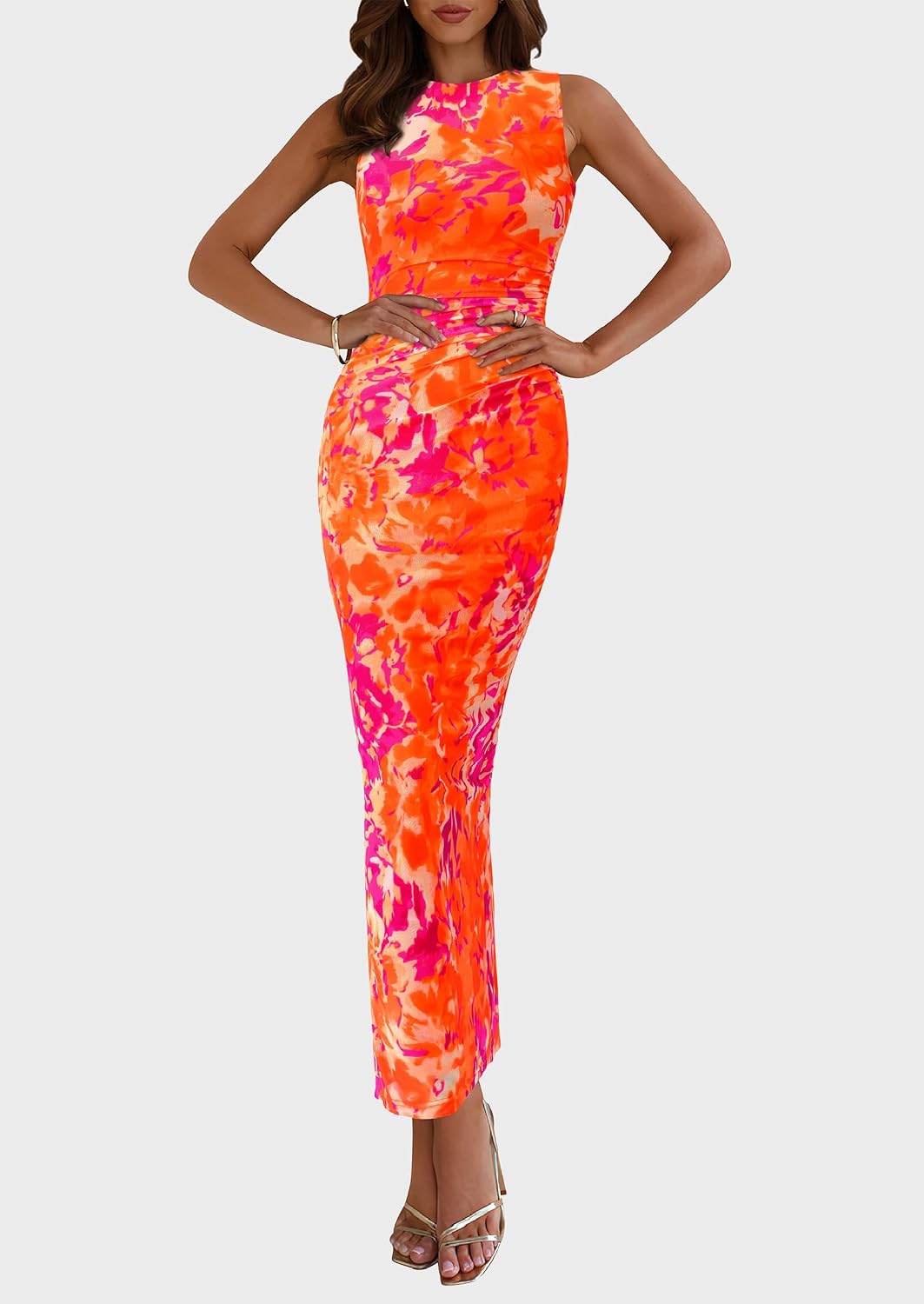 PRETTYGARDEN Women's Summer Formal Floral Maxi Dress | Sleeveless Ruched Bodycon Mesh Long Dresses, Elegant Spring Dress for Wedding Guest, Bridal Shower, Cocktail Party, Vacation