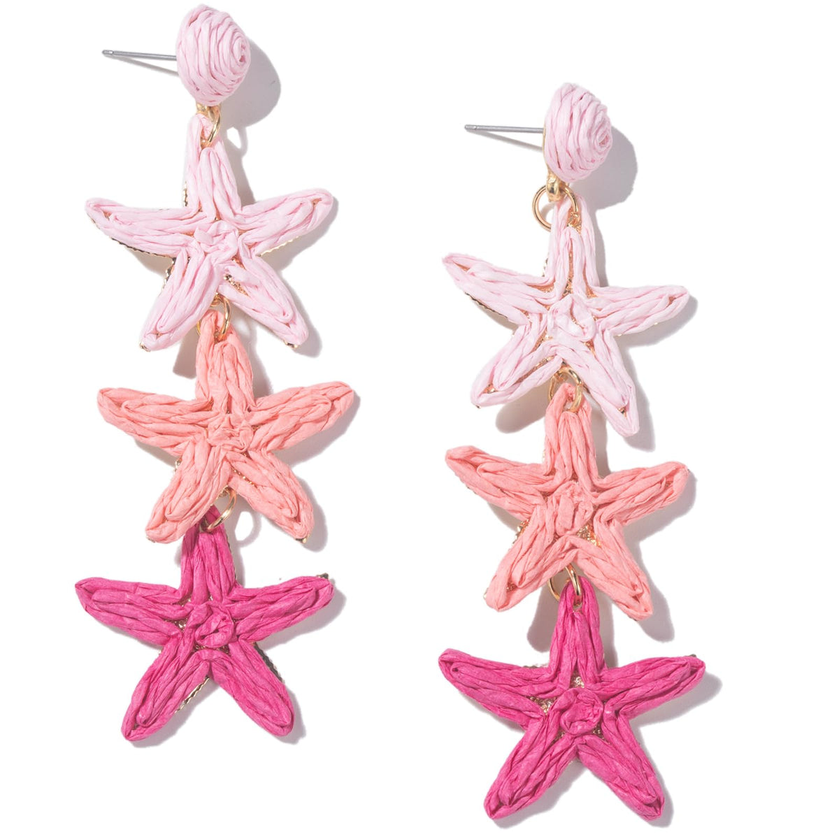 Raffia Starfish Seashell Dangle Drop Earrings Boho Summer Beach Jewelry | Fun Colorful Chunky Statement Long Big Shell Accessories Beachy Tropical Vacation Outfits for Women Trendy