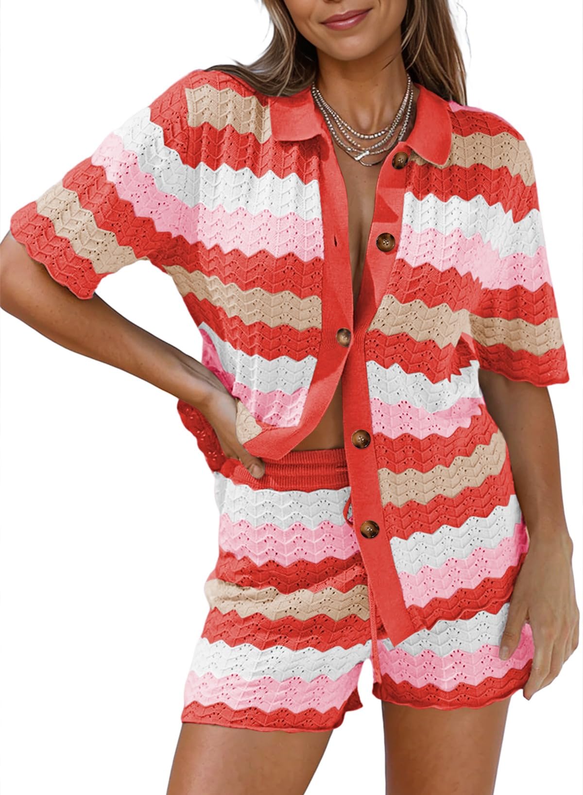 Pink Queen Women Knit Shorts Set 2 Piece Outfits Short Sleeve Button Down Sweater Top and Shorts Lounge Set