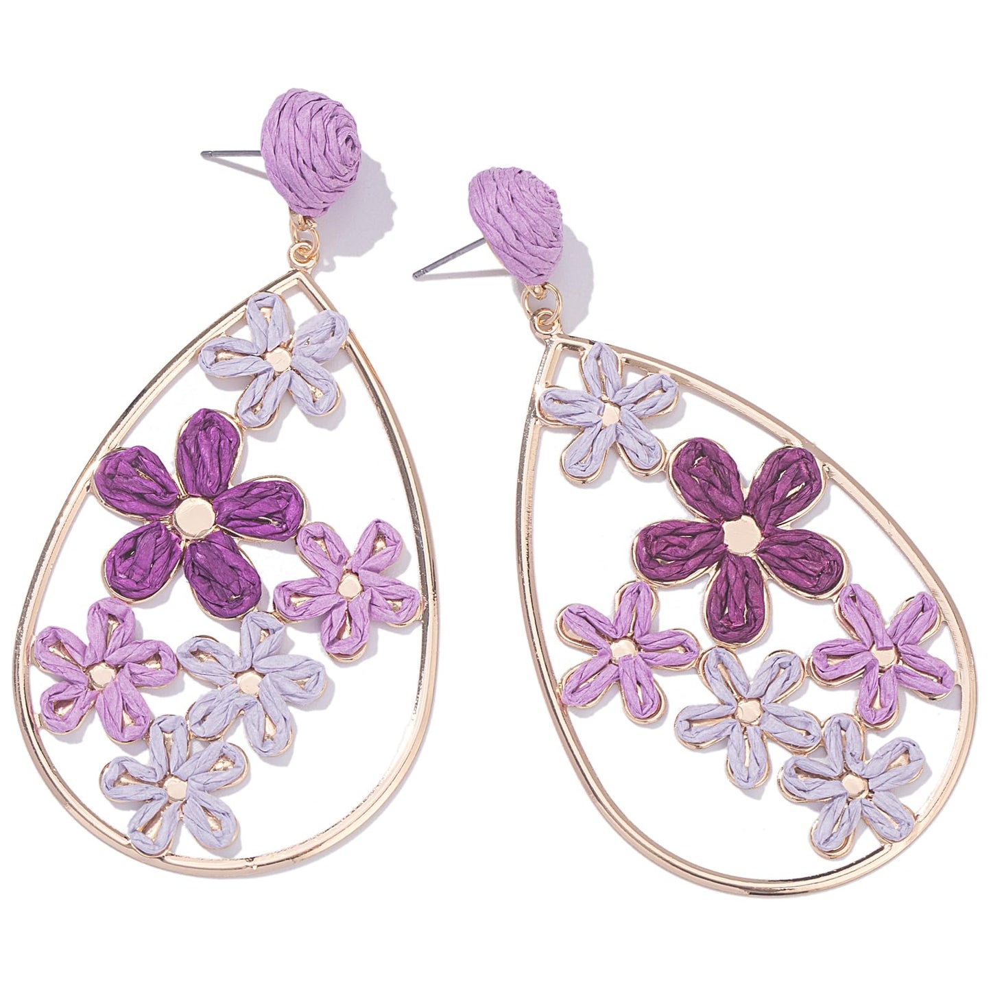 Boho Raffia Flower Teardrop Earrings Cute Colorful Dangle Trendy Jewelry | Floral Drop Statement Big Dangling Earring Hypoallergenic Gold Fun Unique Summer Spring Beach Vacation Outfits for Women