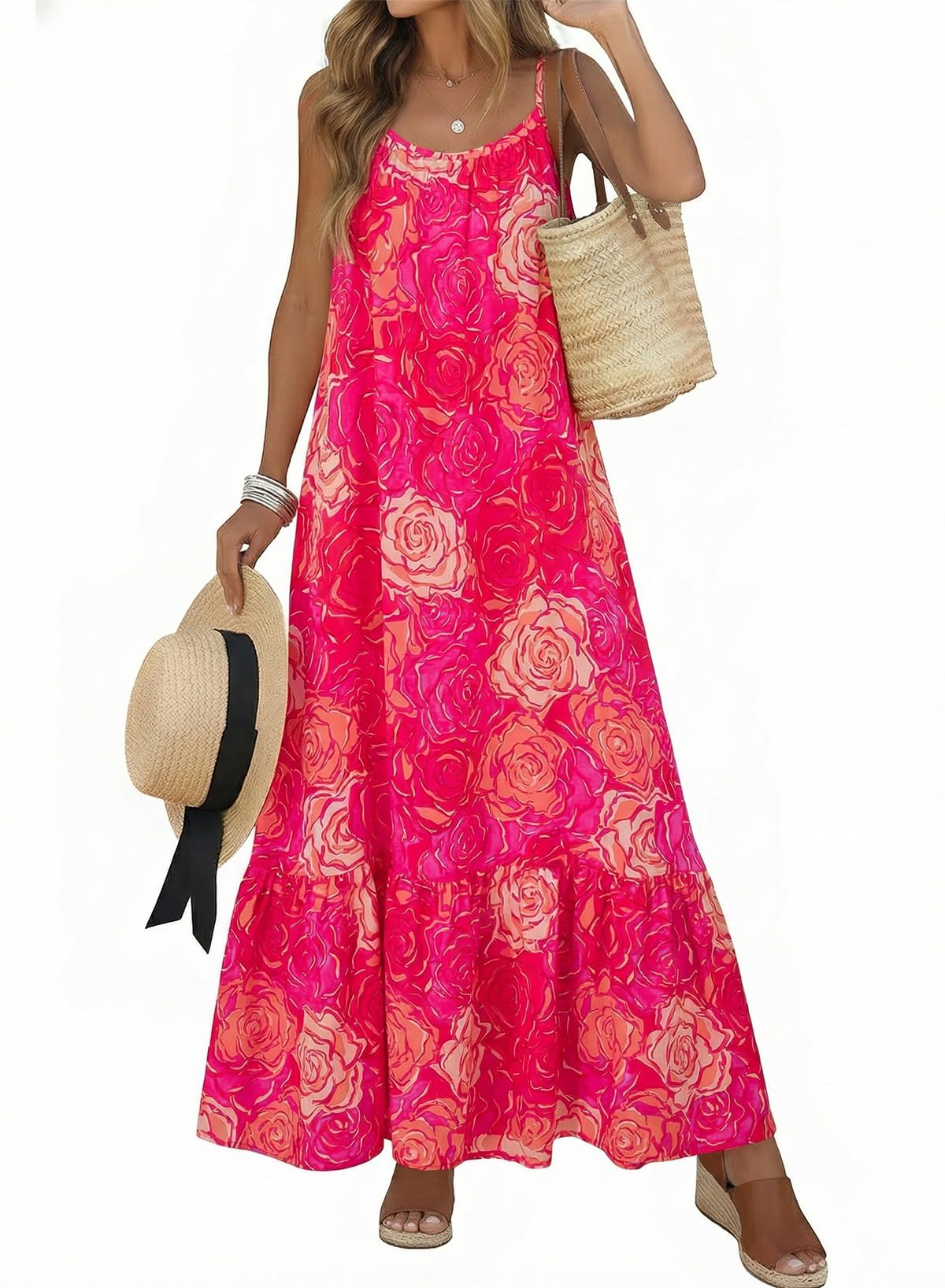 Dokotoo Women Summer Dresses Scoop Neck Ruffle Flowy Boho Maxi Dress | Spaghetti Strap Sundresses,Sleeveless,Beach Vacation Clothes,Ruffle A Line,Casual Boho Printed,Hawaiian Dresses,Wedding Guest