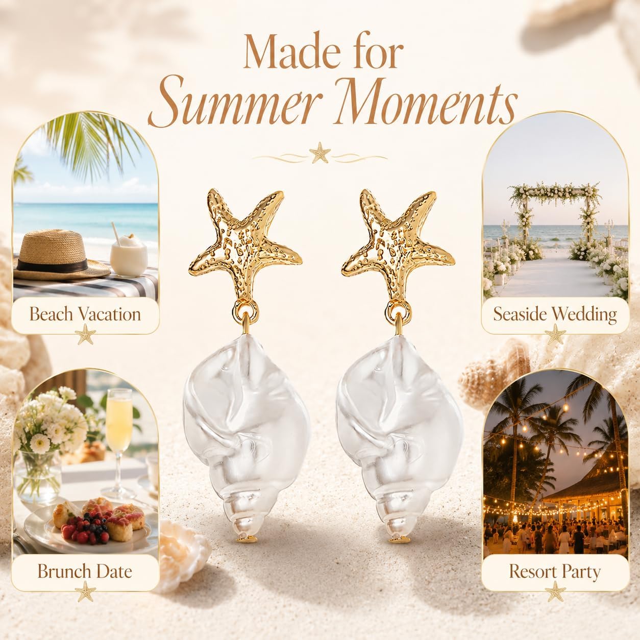 Starfish Earrings for Women Vacation Earrings Gold Pearl Sea Shell Dangle Beach Summer Ocean Jewelry Gifts Coastal Style