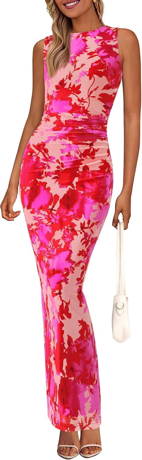 PRETTYGARDEN Women's Summer Formal Floral Maxi Dress | Sleeveless Ruched Bodycon Mesh Long Dresses, Elegant Spring Dress for Wedding Guest, Bridal Shower, Cocktail Party, Vacation