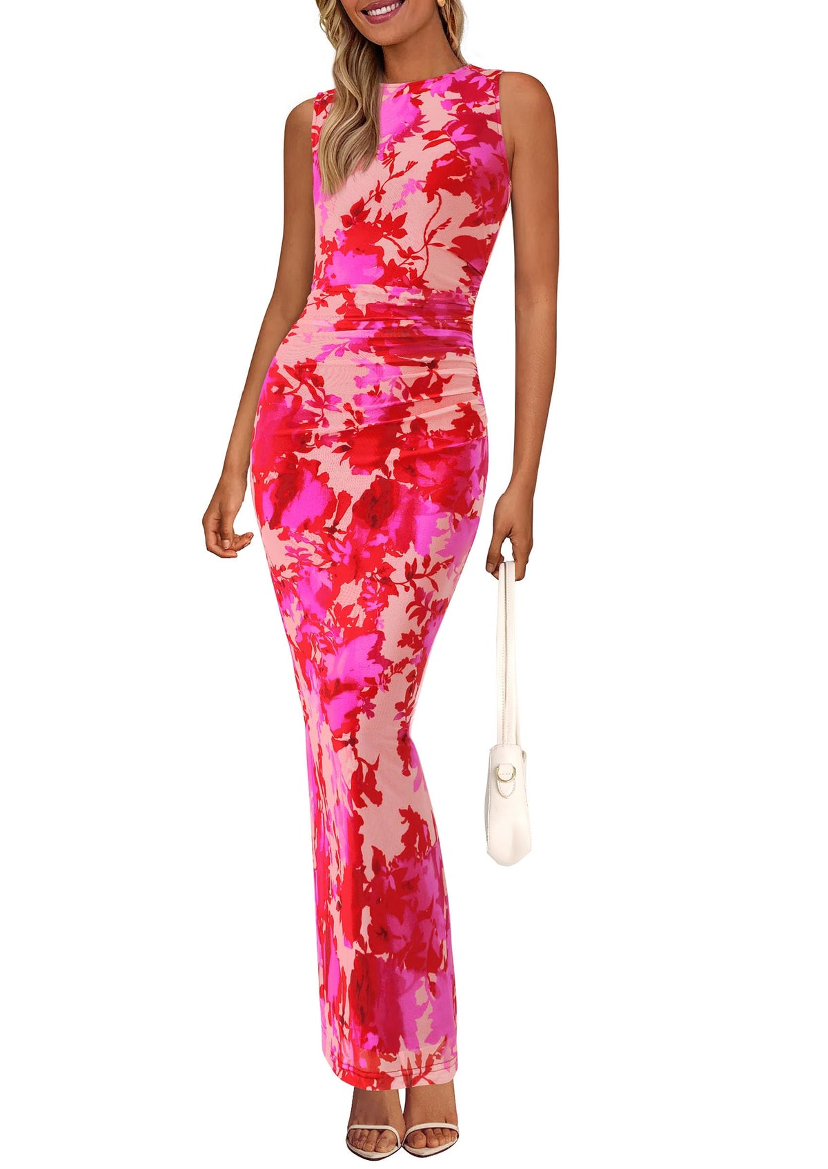 PRETTYGARDEN Women's Summer Formal Floral Maxi Dress | Sleeveless Ruched Bodycon Mesh Long Dresses, Elegant Spring Dress for Wedding Guest, Bridal Shower, Cocktail Party, Vacation