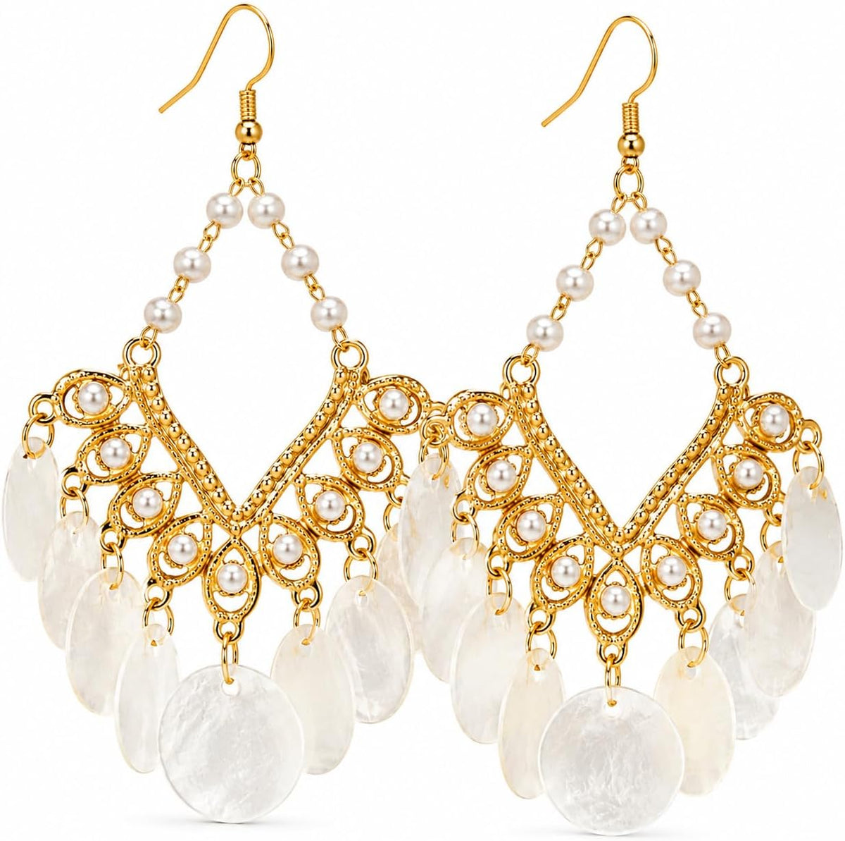 Boho Pearl Shell Dangle Earrings for Women, Gold Chandelier Drop Earrings | Lightweight statement earrings with white shell disc fringe, ideal for summer beach vacations, bohemian outfits and gifting.