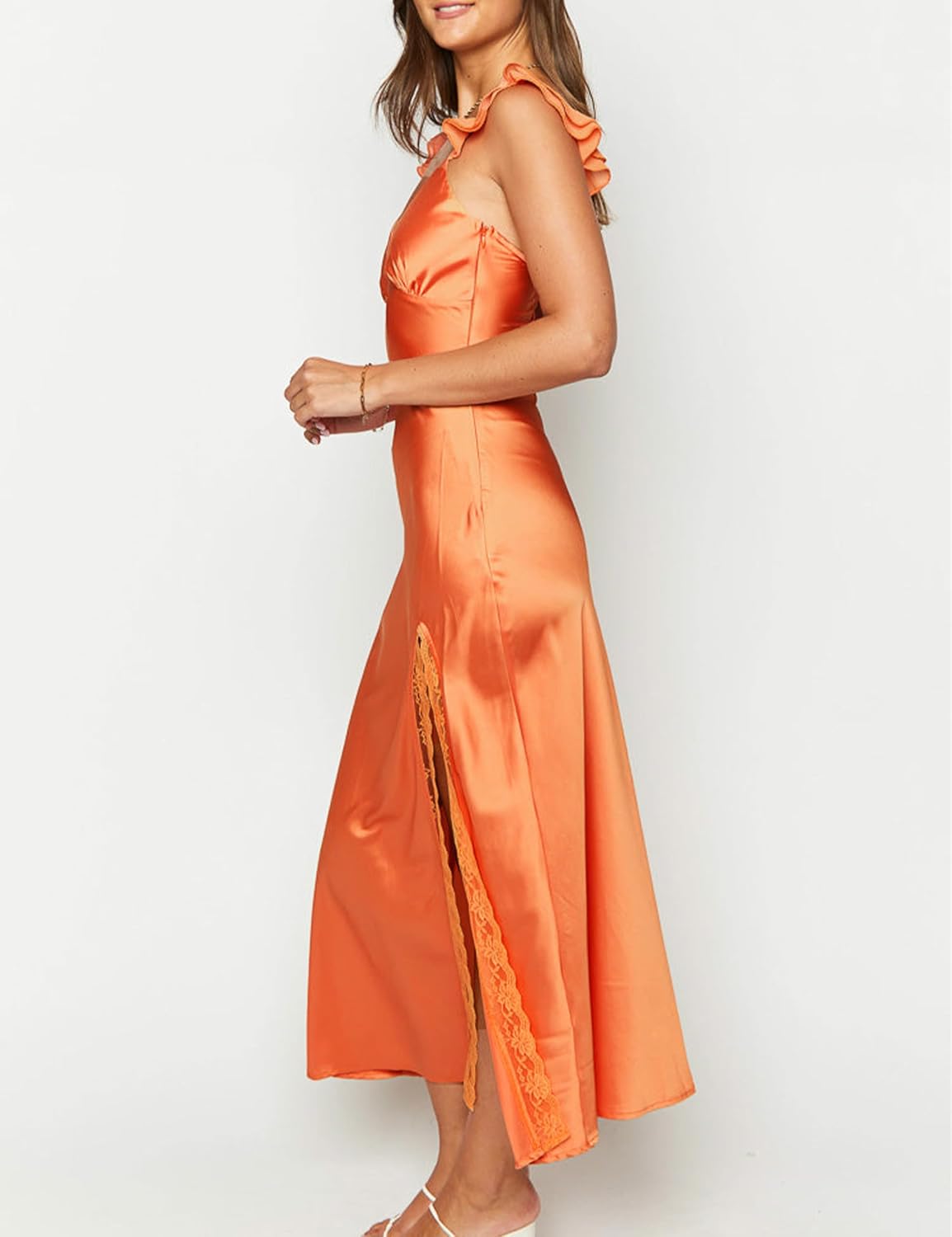 KOUNAI Women's Satin Summer Lace Slit Formal Midi Dress for Wedding Guest | Silk,Elegant,Ruffle Sleeve,Cocktail,Bridesmaid, Beach, Vacation,Party,Adjustable Straps,Graduation,Baby Showe,Engagement