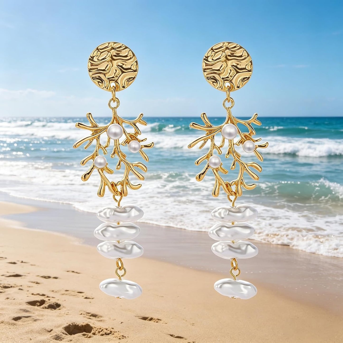 Coral Earrings For Women, Summer Ocean Dainty Dangling Pearl Tassel Beach Vacation Jewelry Gift