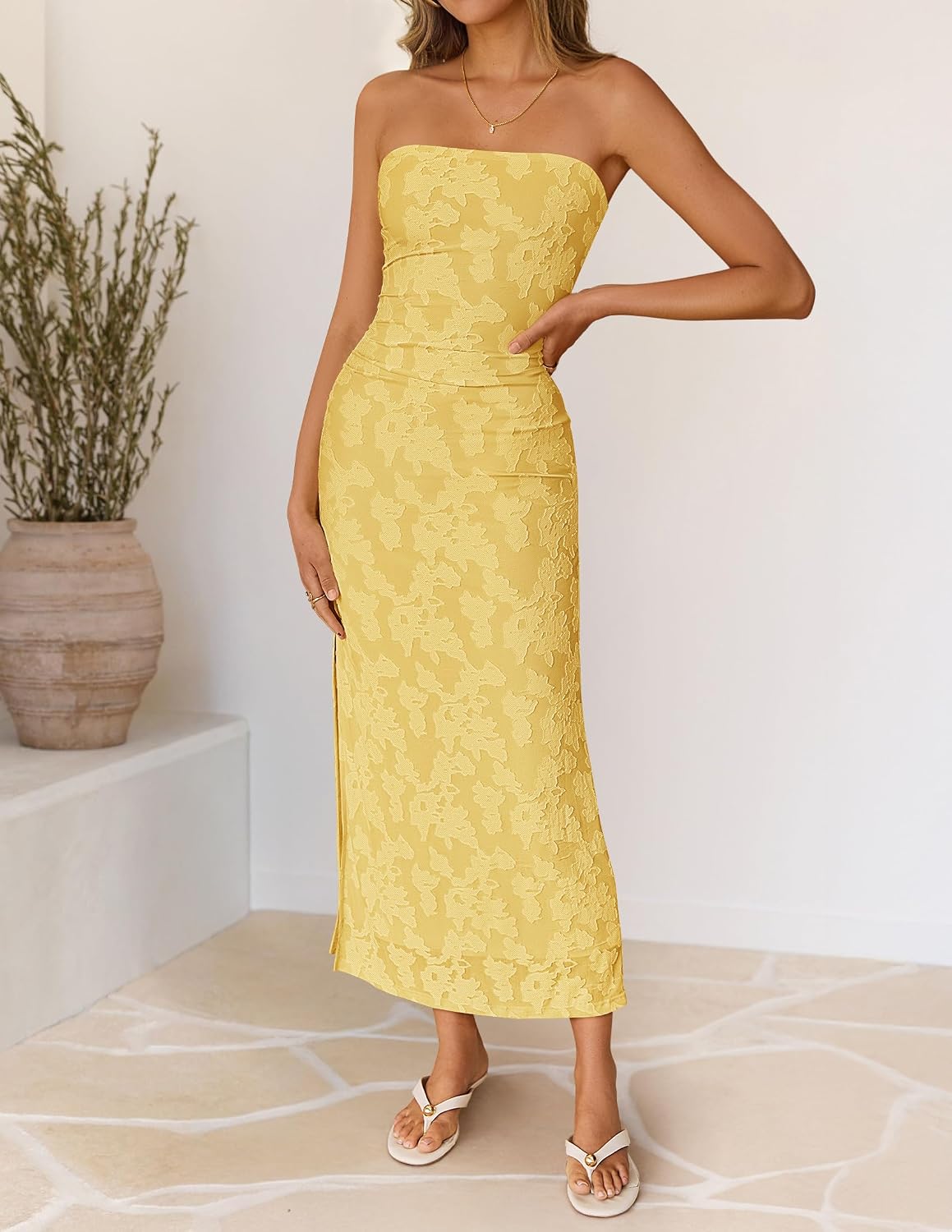 ZESICA Womens Summer Strapless Floral Bodycon Ruched Slit Maxi Formal Dress | Off Shoulder Mesh Casual Long Sundress, Elegant Sexy Dinner Dress, Beach Vacation Dress, Wedding Guest Cocktail Party Dress
