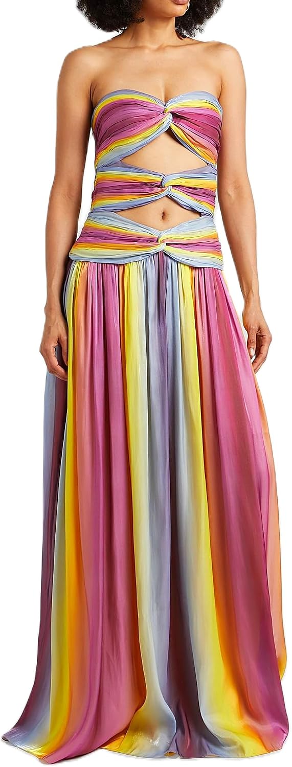 UAURORAO Women Mesh Cut Out Maxi Dress Strapless Twist Front Gradient Long Dresses Elegant Flowy Beach Sunset Dress