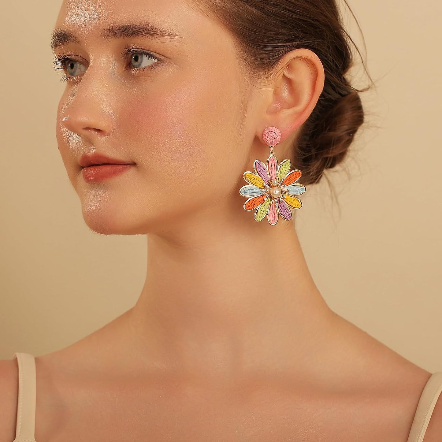 RUOFFETA Boho Raffia Flower Earrings for Women – Lightweight Dangle Jewelry, Summer Beach Vacation Accessories