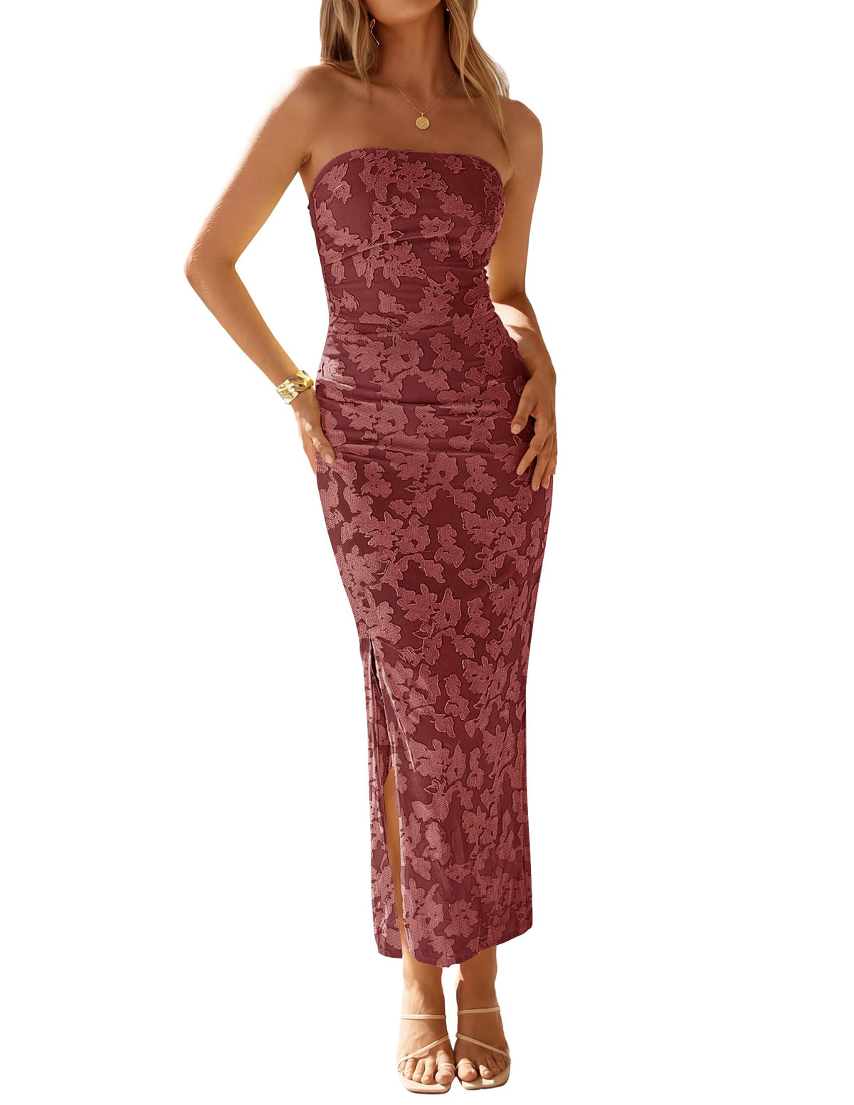 ZESICA Womens Summer Strapless Floral Bodycon Ruched Slit Maxi Formal Dress | Off Shoulder Mesh Casual Long Sundress, Elegant Sexy Dinner Dress, Beach Vacation Dress, Wedding Guest Cocktail Party Dress