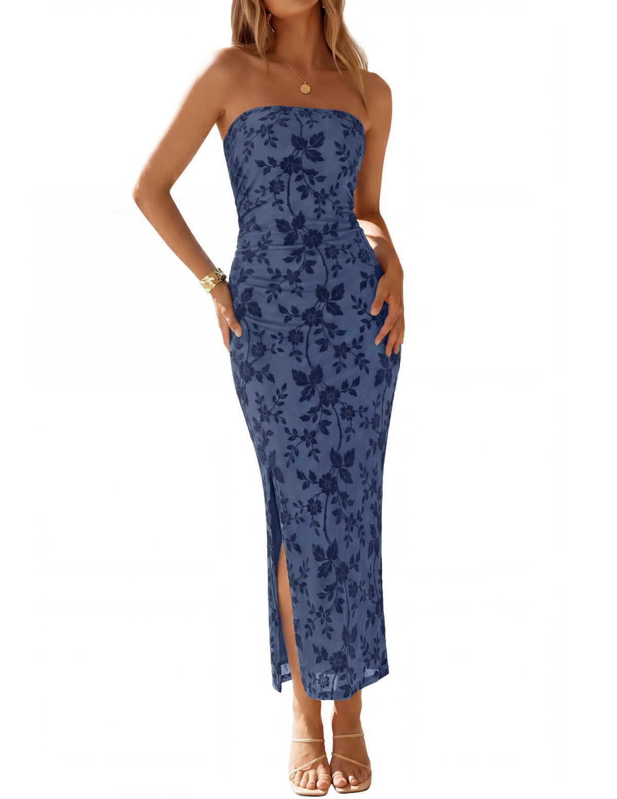 ZESICA Womens Summer Strapless Floral Bodycon Ruched Slit Maxi Formal Dress | Off Shoulder Mesh Casual Long Sundress, Elegant Sexy Dinner Dress, Beach Vacation Dress, Wedding Guest Cocktail Party Dress