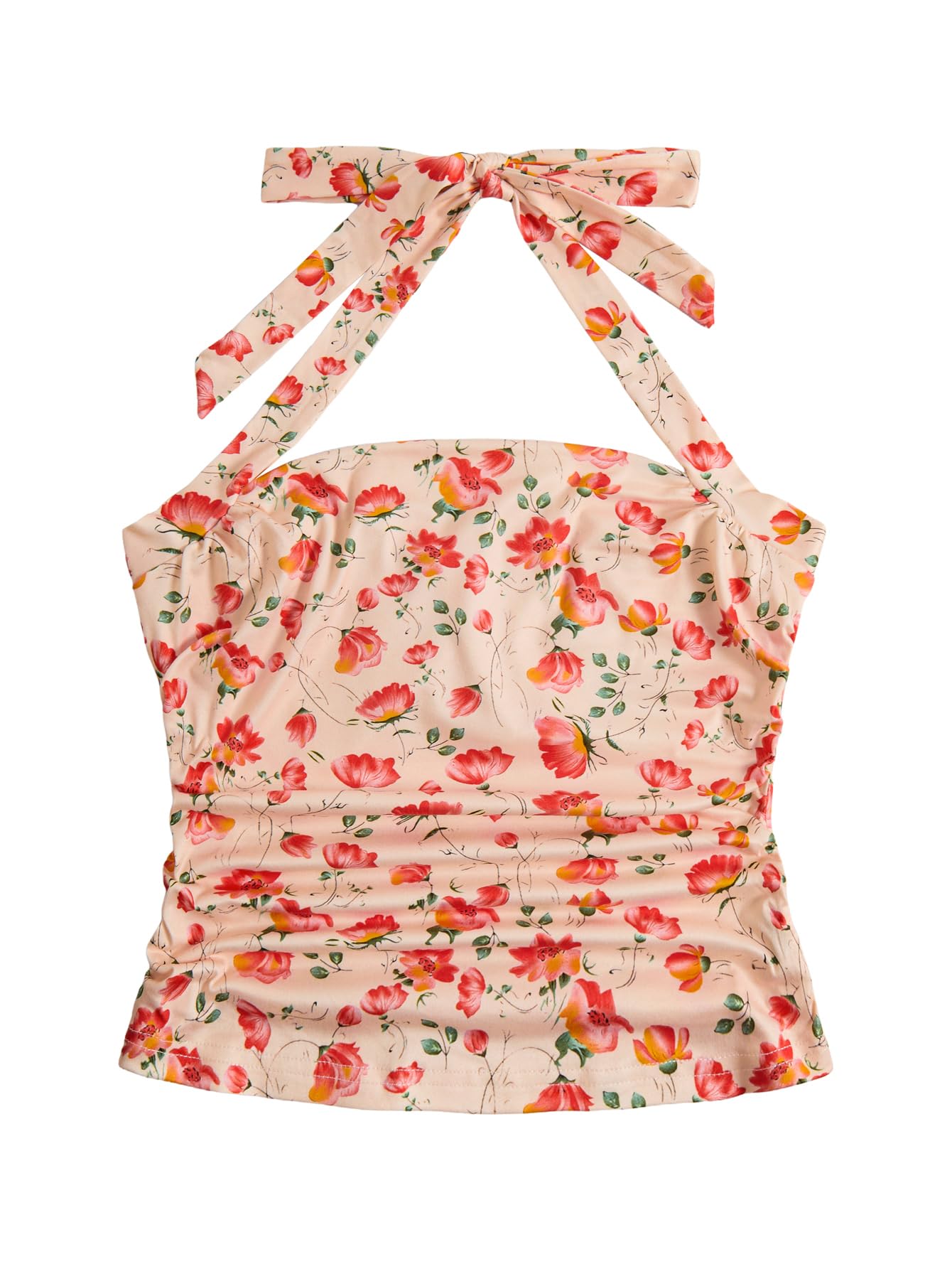 WDIRARA Women's Floral Tie Backless Ruched Halter Tops Sleeveless Beach Vacation Crop Top