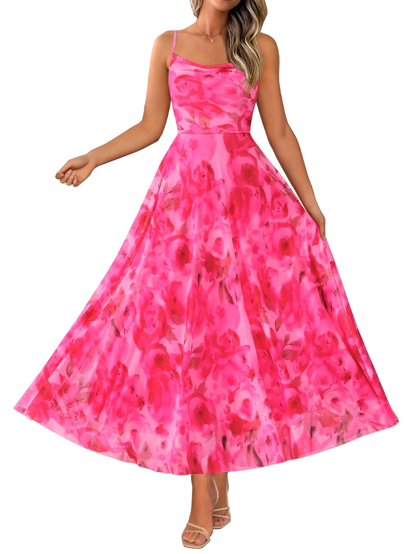 BTFBM Women Summer Maxi Dresses Elegant Wedding Guest Dress | Cowl Neck,Spaghetti Strap,Mesh,Floral,A-Line,Flowy,Party,Cocktail,Homecoming,Graduation,Sundress,Prom,Beach Long Dresses