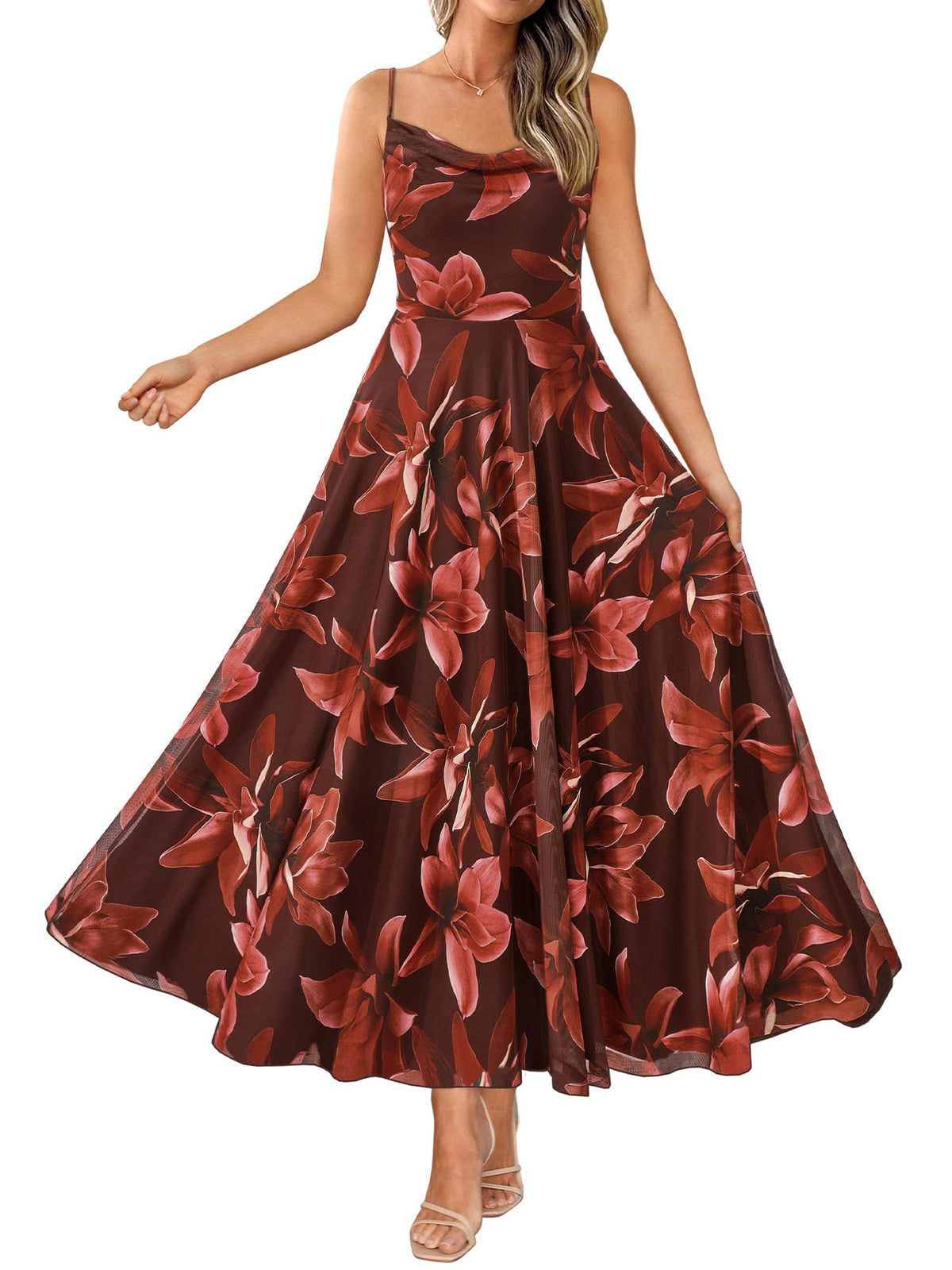 BTFBM Women Summer Maxi Dresses Elegant Wedding Guest Dress | Cowl Neck,Spaghetti Strap,Mesh,Floral,A-Line,Flowy,Party,Cocktail,Homecoming,Graduation,Sundress,Prom,Beach Long Dresses