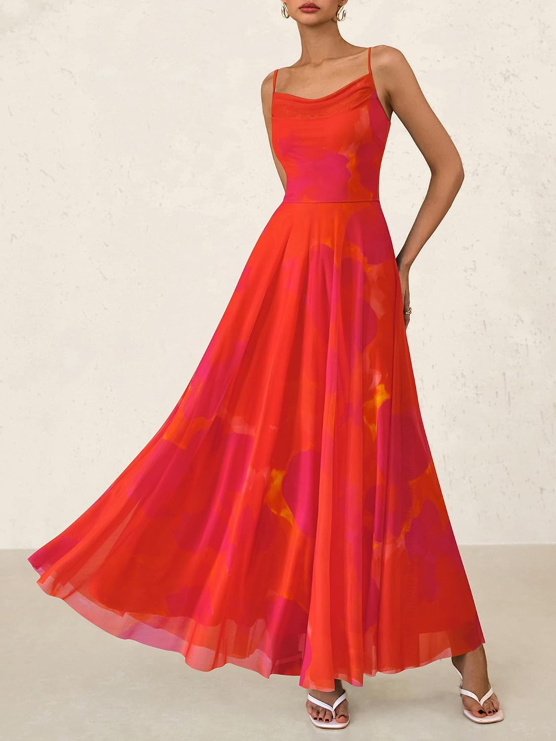 BTFBM Women Summer Maxi Dresses Elegant Wedding Guest Dress | Cowl Neck,Spaghetti Strap,Mesh,Floral,A-Line,Flowy,Party,Cocktail,Homecoming,Graduation,Sundress,Prom,Beach Long Dresses