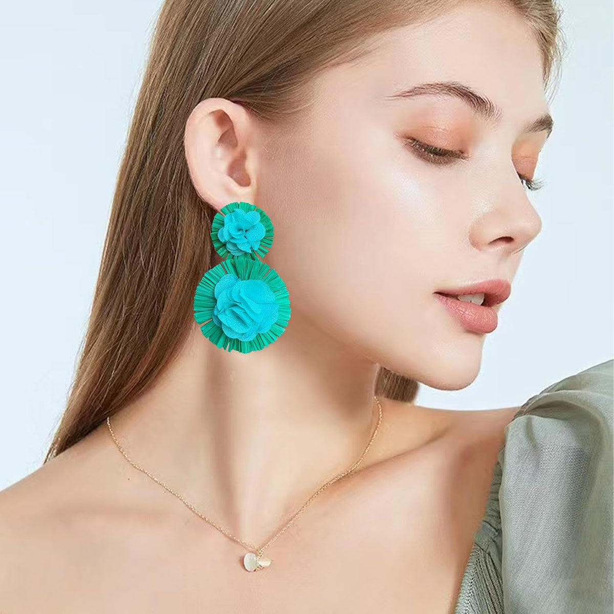 Hawaiian Vibrant Rattan Flower Statement Drop Earrings | Boho Lightweight Cute and Fun Big Raffia Straw Wrapped Floral Dangle Earrings for Women Tropical Sea Vacation Beachy Jewelry