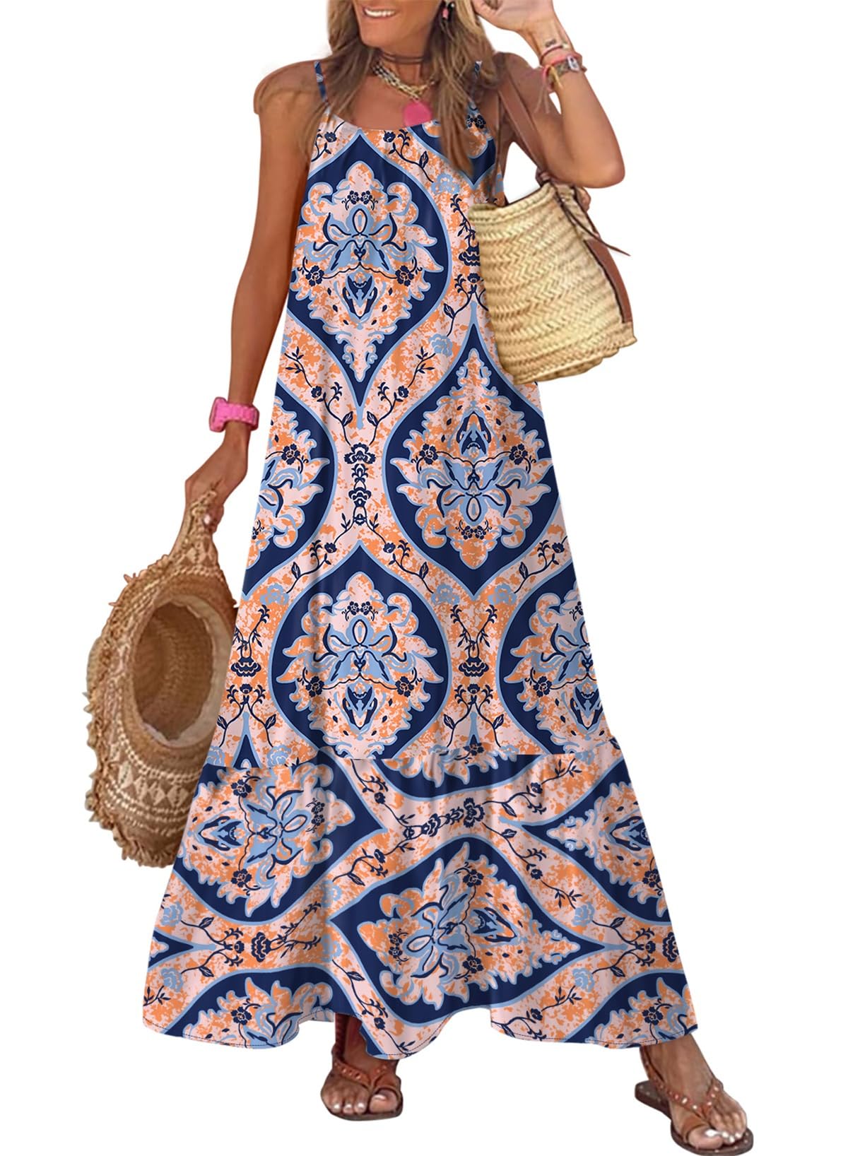 Dokotoo Women Summer Dresses Scoop Neck Ruffle Flowy Boho Maxi Dress | Spaghetti Strap Sundresses,Sleeveless,Beach Vacation Clothes,Ruffle A Line,Casual Boho Printed,Hawaiian Dresses,Wedding Guest