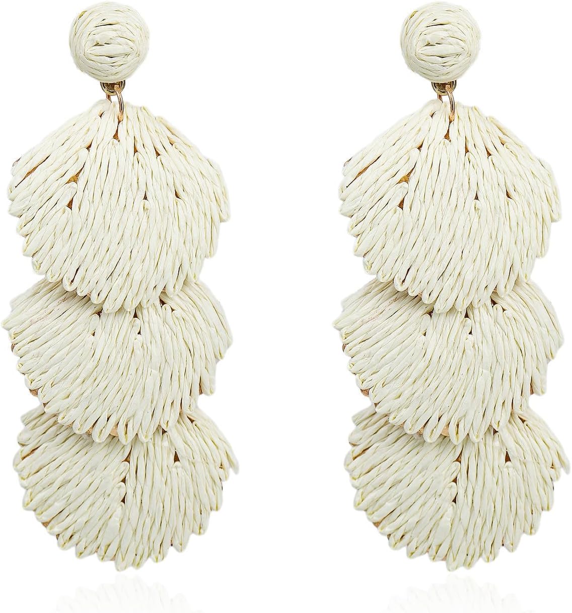 Raffia Rattan Shell Shaped Dangle Drop Earrings for Women Handmade Bohemian Boho Statement Earrings Straw Wrapped Summer Tropical Beach Vacation Jewelry