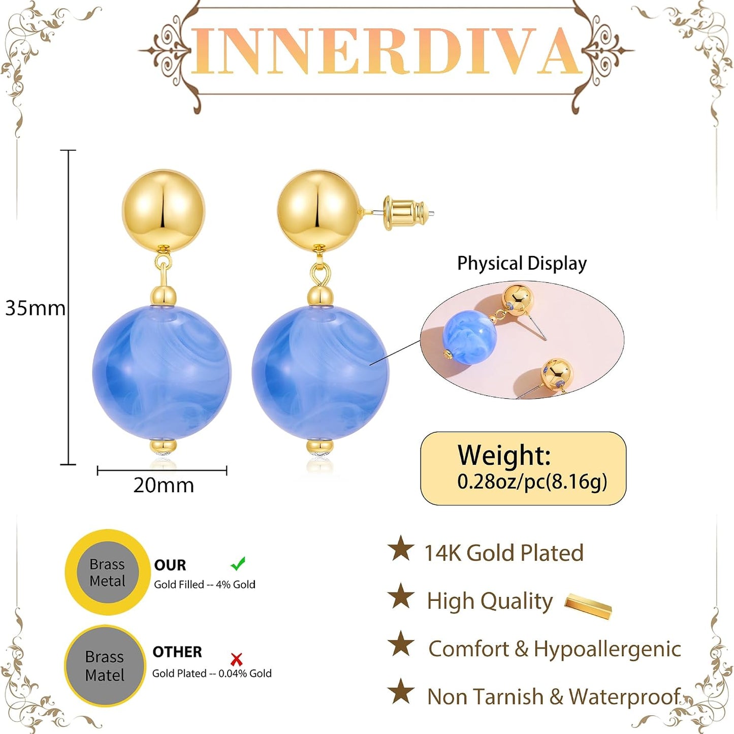 14K Gold Plated Chunky Beaded Earrings for Women Trendy Dangle Statement Stud Earring Dainty Summer Beach Womens Earings Big Boho Charm Jewelry Vacation Gift
