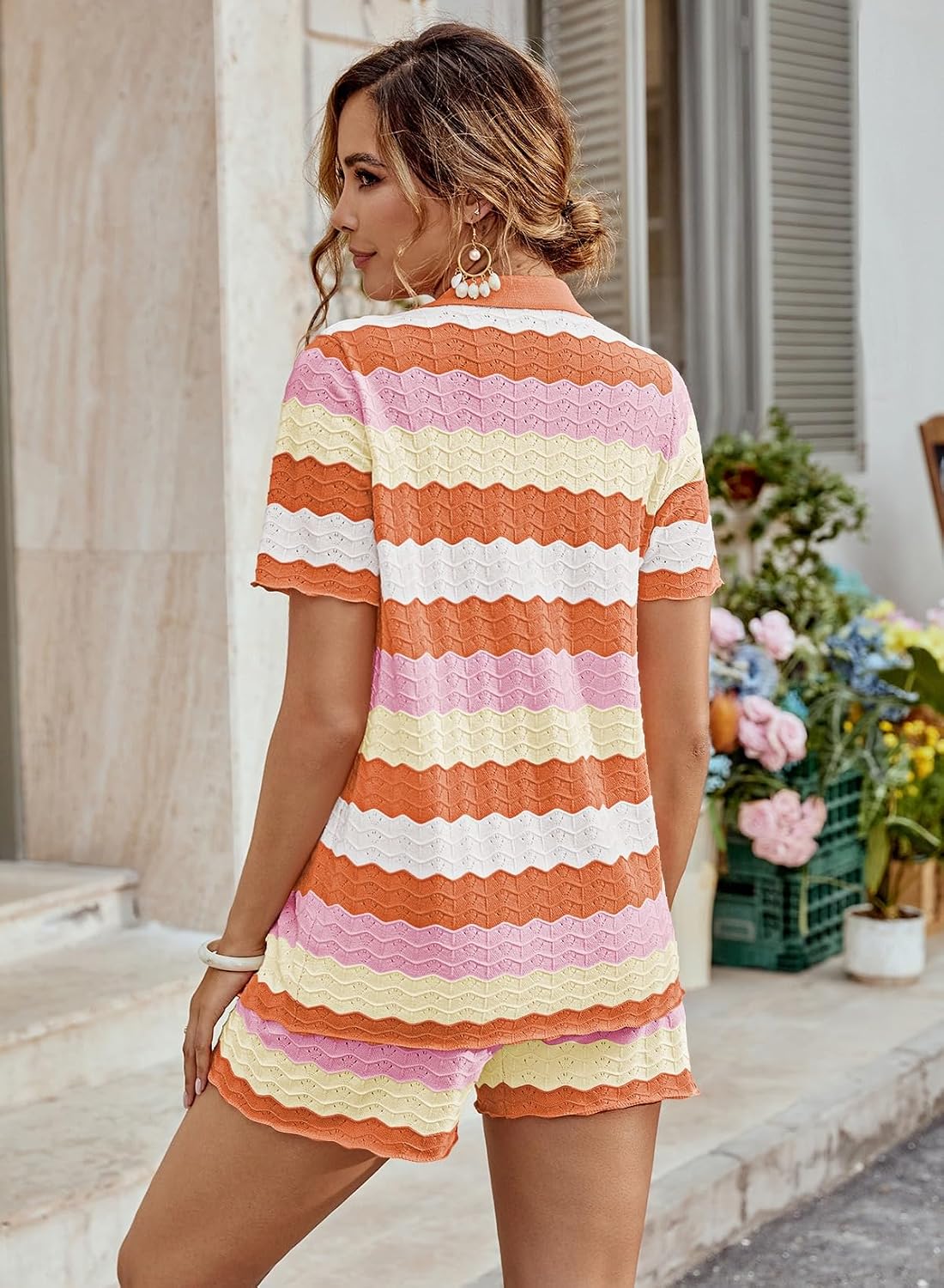 Pink Queen Women Knit Shorts Set 2 Piece Outfits Short Sleeve Button Down Sweater Top and Shorts Lounge Set