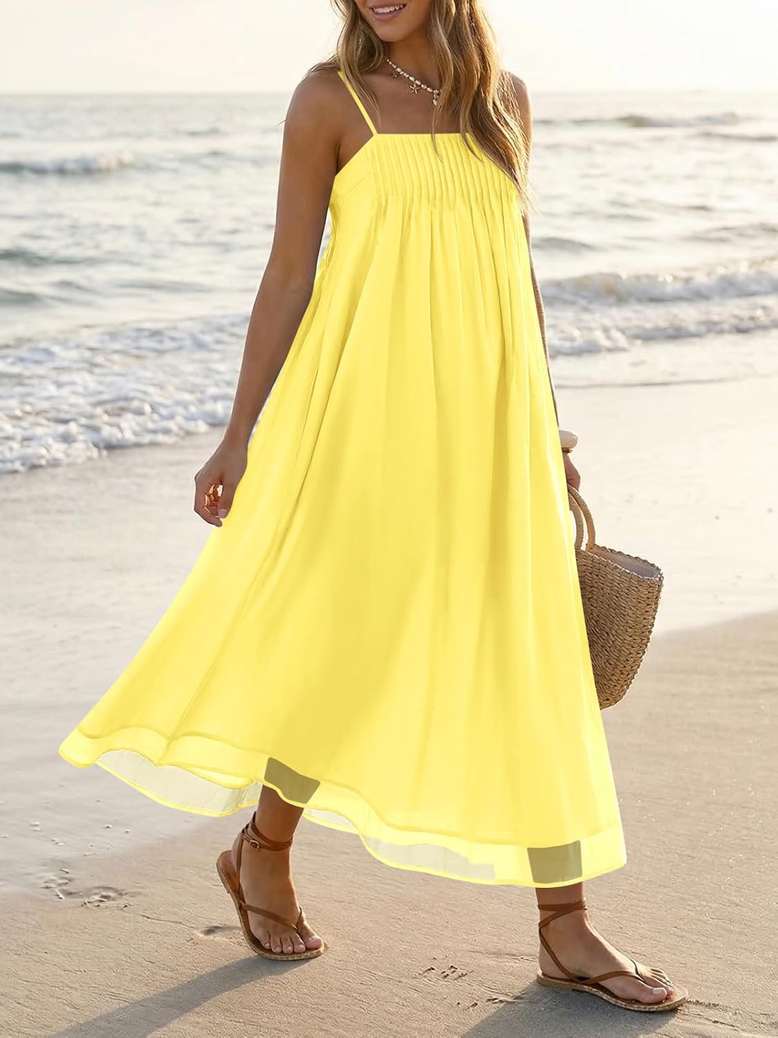 Wenrine Women's Summer Boho Maxi Dresses Spaghetti Straps Chiffon Sundress | Beach Vacation, Flowy, Linen, Casual, Loose, Pleated, Sleeveless, Midi Long Dress with Pockets