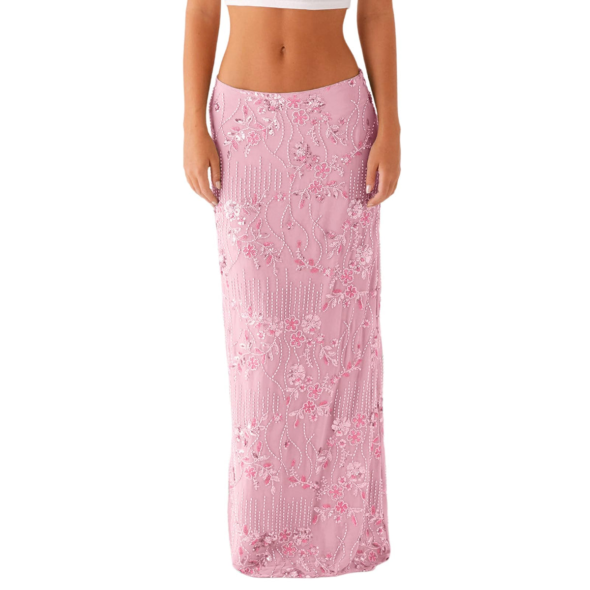 Women Y2k Sequin Long Skirt Bead Floral Embroidery Maxi Skirt Low Waist Rhinestone Glitter Bodycon Club Skirt