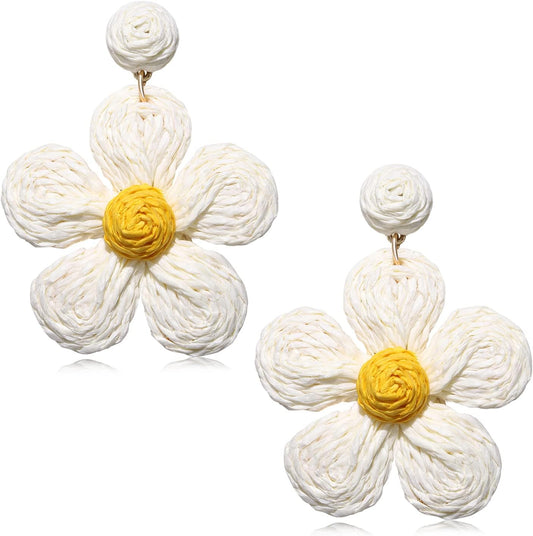 Rattan Earrings for Women Statement Boho Raffia Straw Wrapped Flower Drop Dangle Earrings Summer Tropical Beach Jewelry