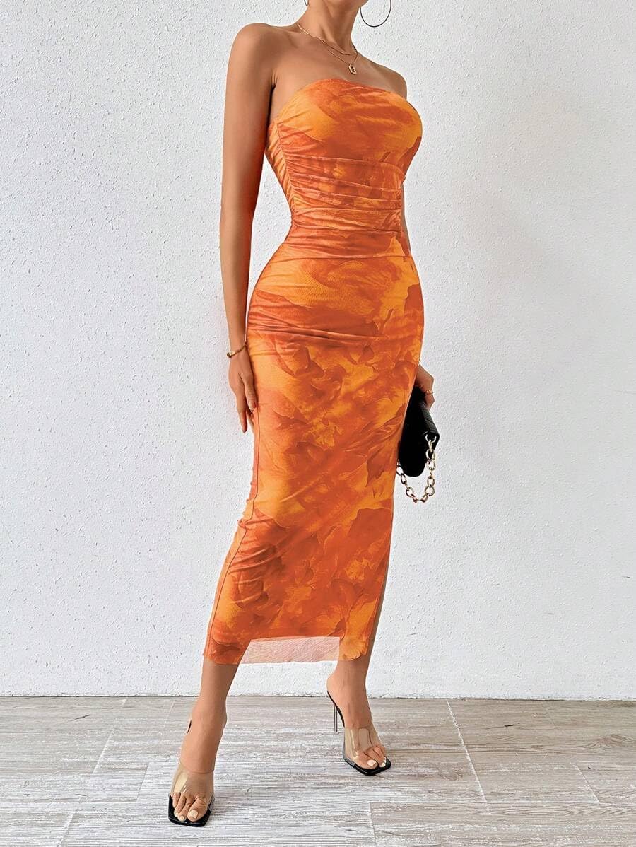 LIGHT DOT Women's Summer Dress Printed Strapless Tube Bodycon Maxi Side Slit Mesh Layered