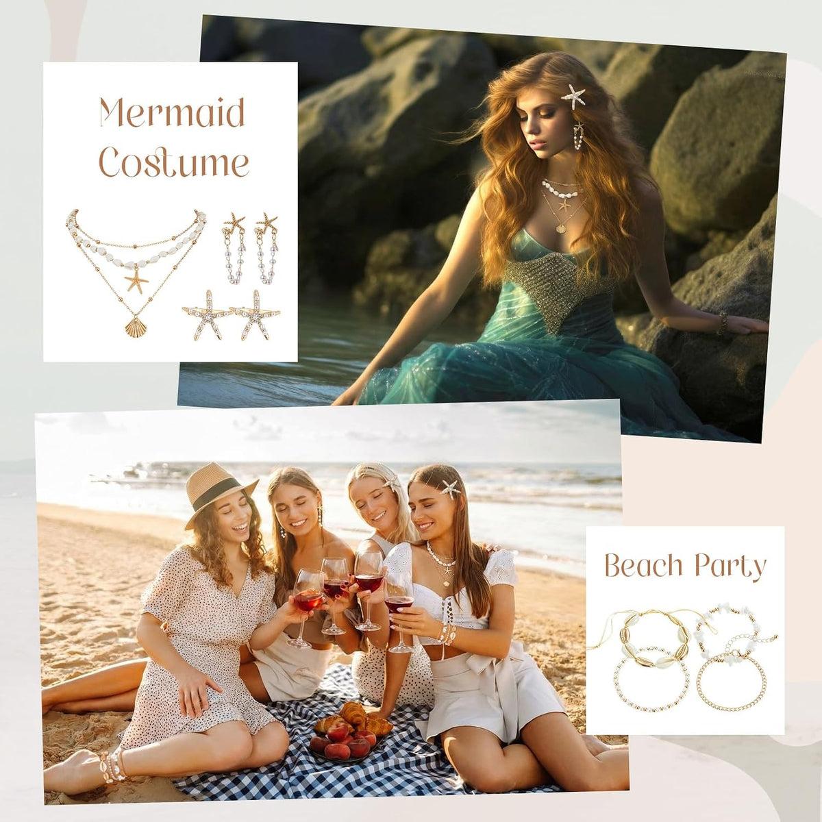 Tondiamo 11 Pcs Shell Starfish Necklace Earring Anklet Pearl Set