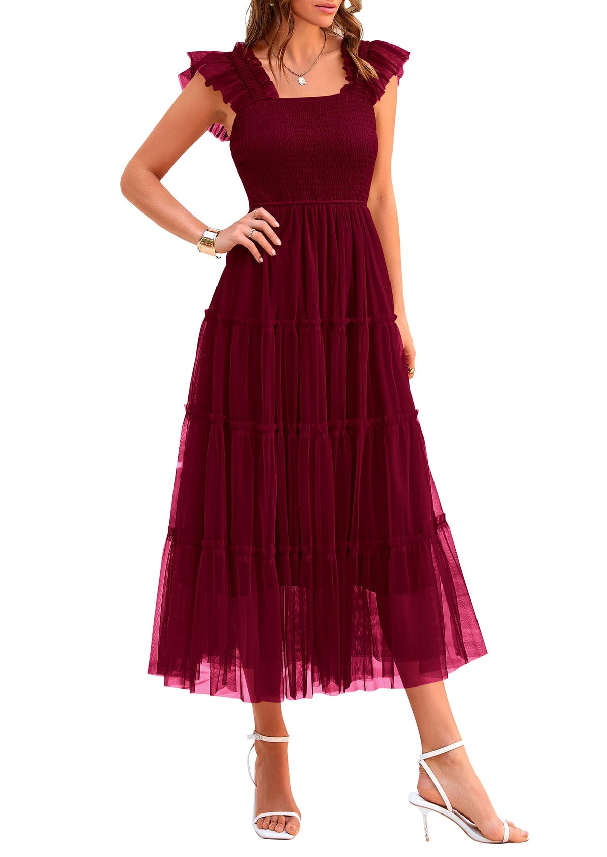 PRETTYGARDEN Women's Summer Smocked Midi Tulle Dress | Sleeveless Square Neck A Line, Flowy Tiered Mesh, Spring Semi Formal Wedding Guest Outfits, Homecoming Prom Party Dresses
