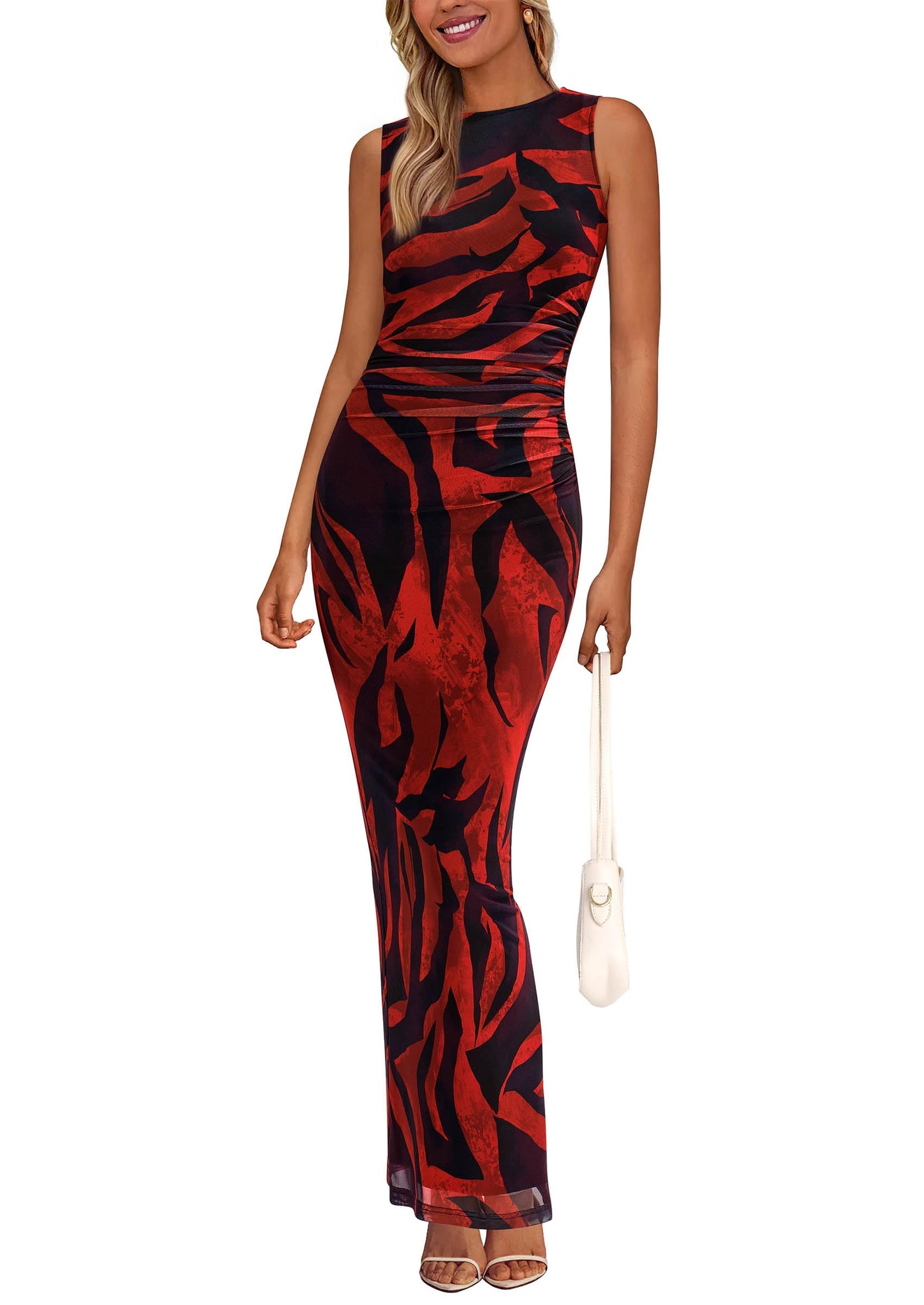 PRETTYGARDEN Women's Summer Formal Floral Maxi Dress | Sleeveless Ruched Bodycon Mesh Long Dresses, Elegant Spring Dress for Wedding Guest, Bridal Shower, Cocktail Party, Vacation