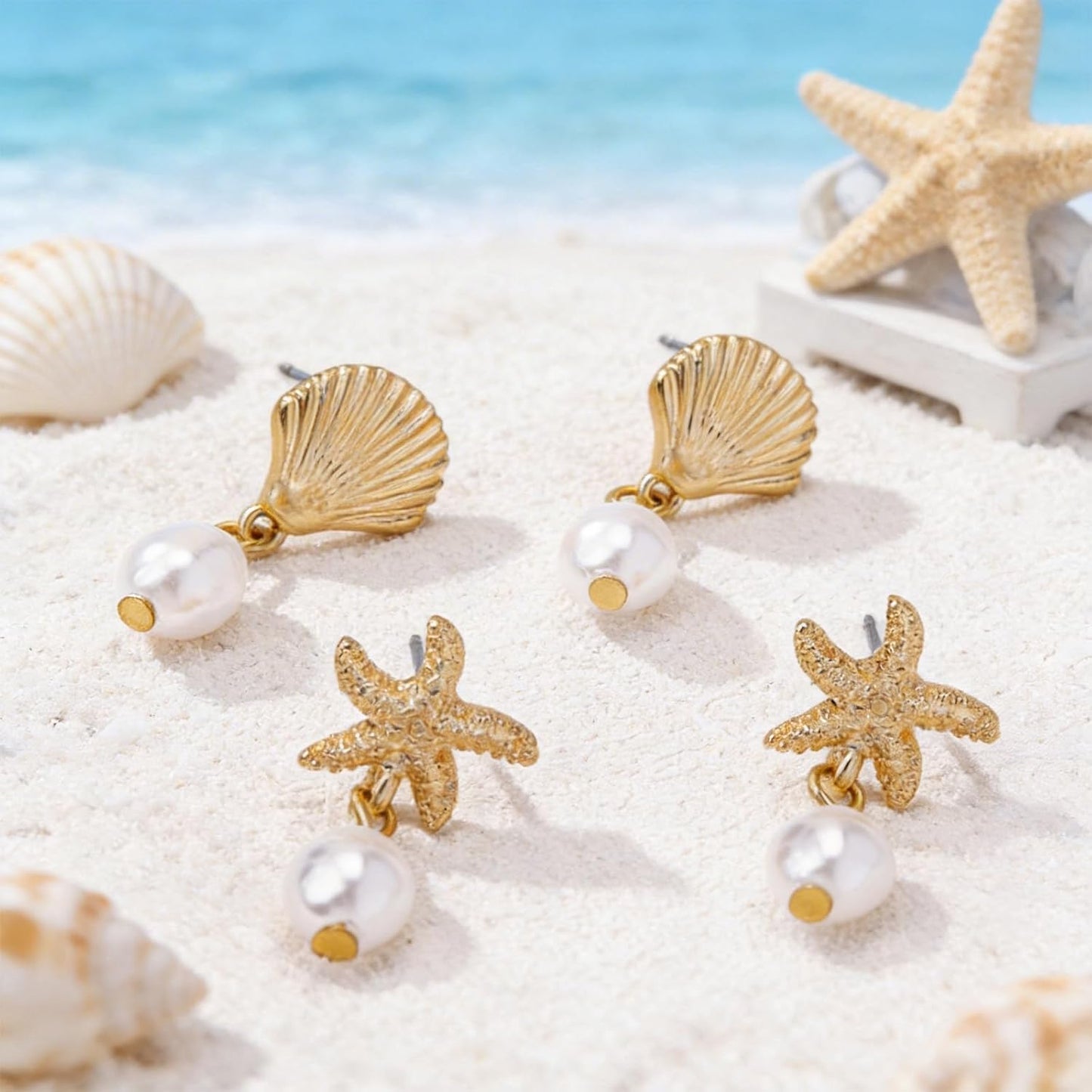 Starfish Earrings Gold Shell Dangle Earrings Women Beach Fashion Summer Beach Vacation Essentials Outfits for Women Beachy Ocean Jewelry Gifts