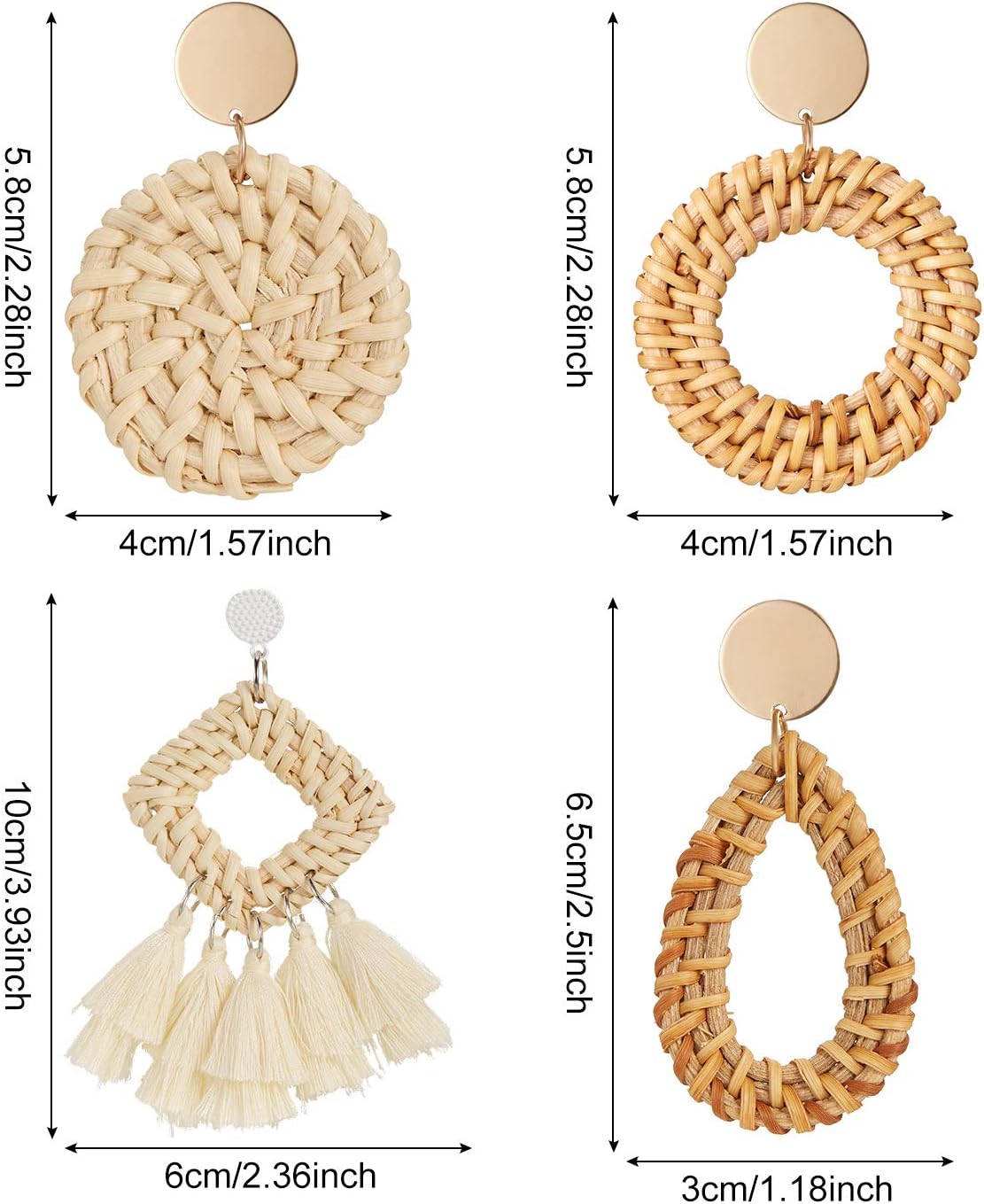 meekoo 4 Pairs Handmade Rattan Earrings for Women, Boho Straw Dangle Statement Earrings for Beach Vacation Summer Jewelry