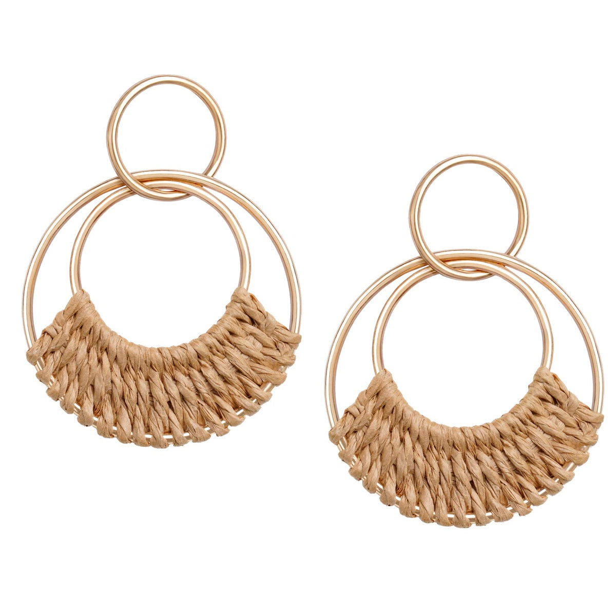 Raffia Hoop Earrings for Women Fun Boho Summer Beach Earrings Lightweight Handmade Straw Wicker Rattan Dangle Earrings Statement Geometric Round Drop Earrings