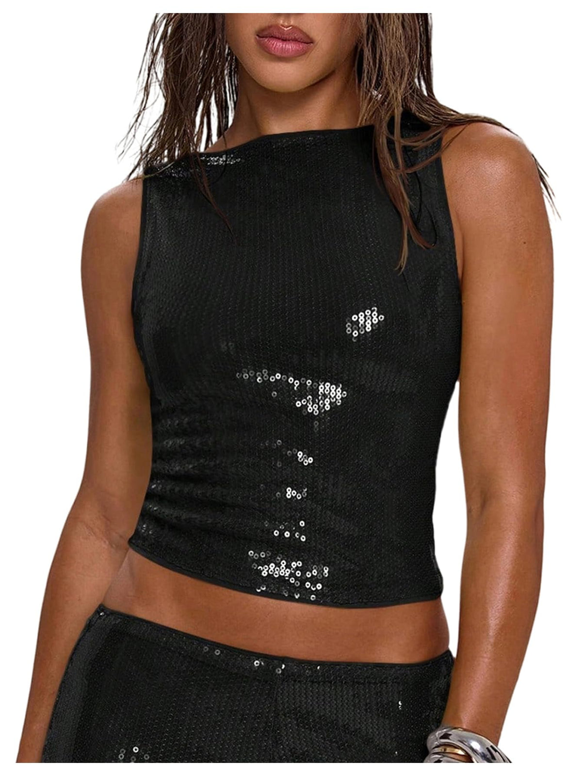 MakeMeChic Women's Sparkly Sequin Tank Tops Going Out Rave Tops | Crop, Y2k, Sleeveless, Music Festival, Clubbing, Country Concert Outfits
