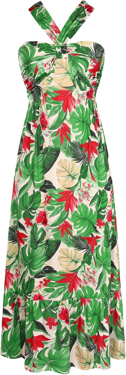 GRACE KARIN Womens Summer Floral Halter Boho Maxi Dresses | 2026 Flowy Criss Cross A Line Long Sundress Casual Tropical Vacation Beach Clothes Wedding Guest Dress With Pocket