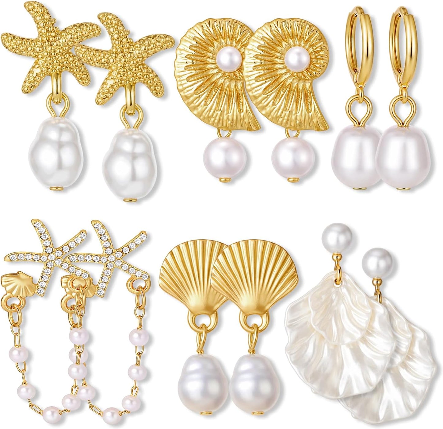 Tondiamo 6 Pairs Gold Earrings Beach Outfits for Women Starfish Earrings Seashell Pearl Jewelry Summer Fashion Accessory Shell Drop Hoop Tropical Beachy Gift for Cruise Travel Ocean Tropical Vacation