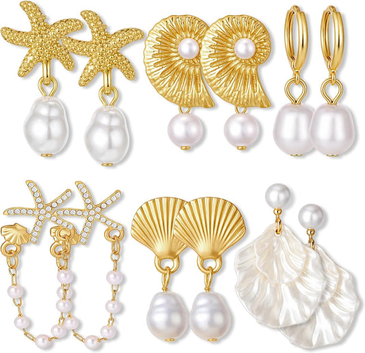 Tondiamo 6 Pairs Gold Earrings Beach Outfits for Women Starfish Earrings Seashell Pearl Jewelry Summer Fashion Accessory Shell Drop Hoop Tropical Beachy Gift for Cruise Travel Ocean Tropical Vacation