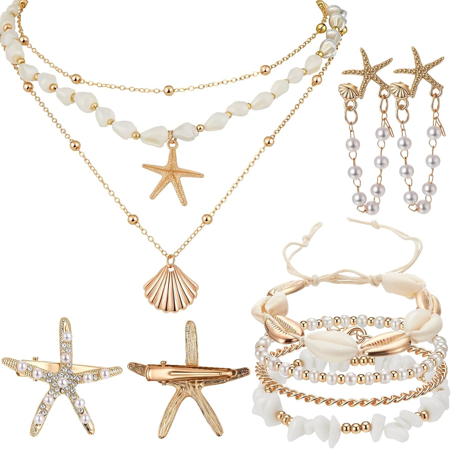 Tondiamo 11 Pcs Shell Starfish Necklace Earring Anklet Pearl Set