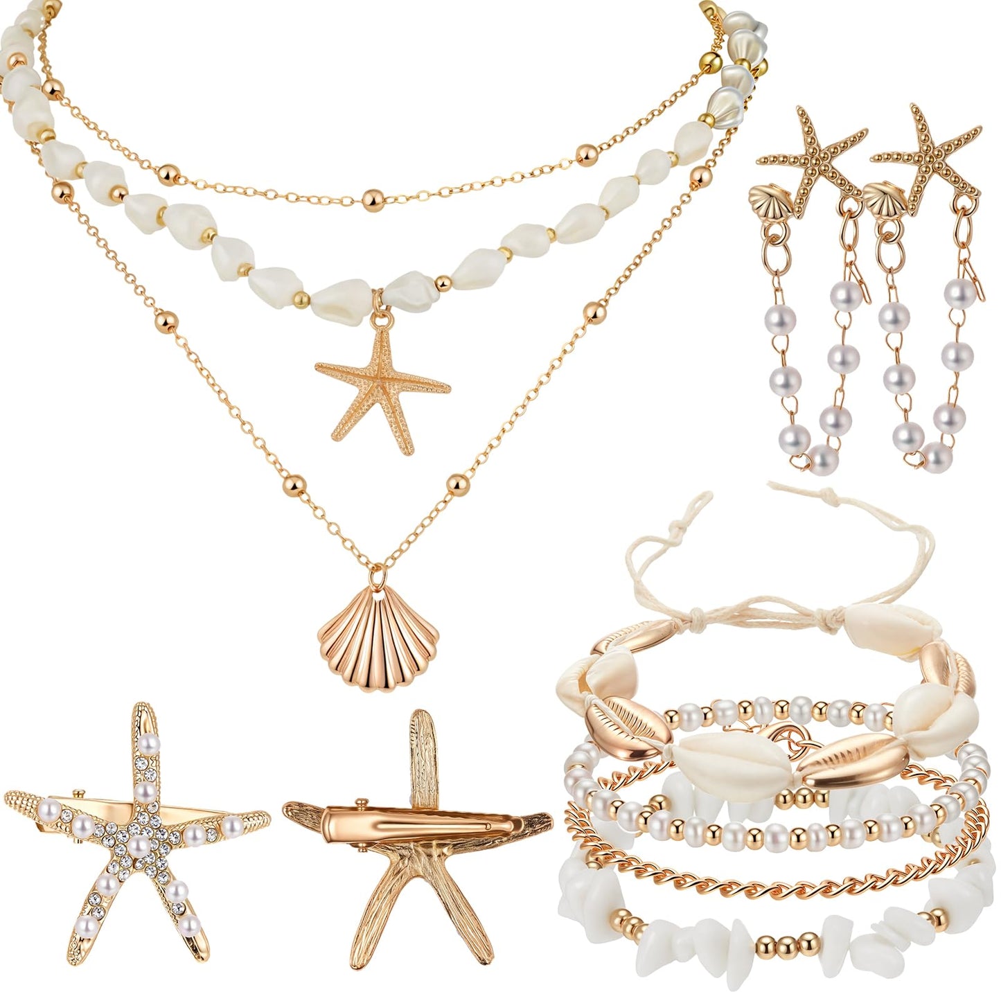 Tondiamo 11 Pcs Shell Starfish Necklace Earring Anklet Pearl Set