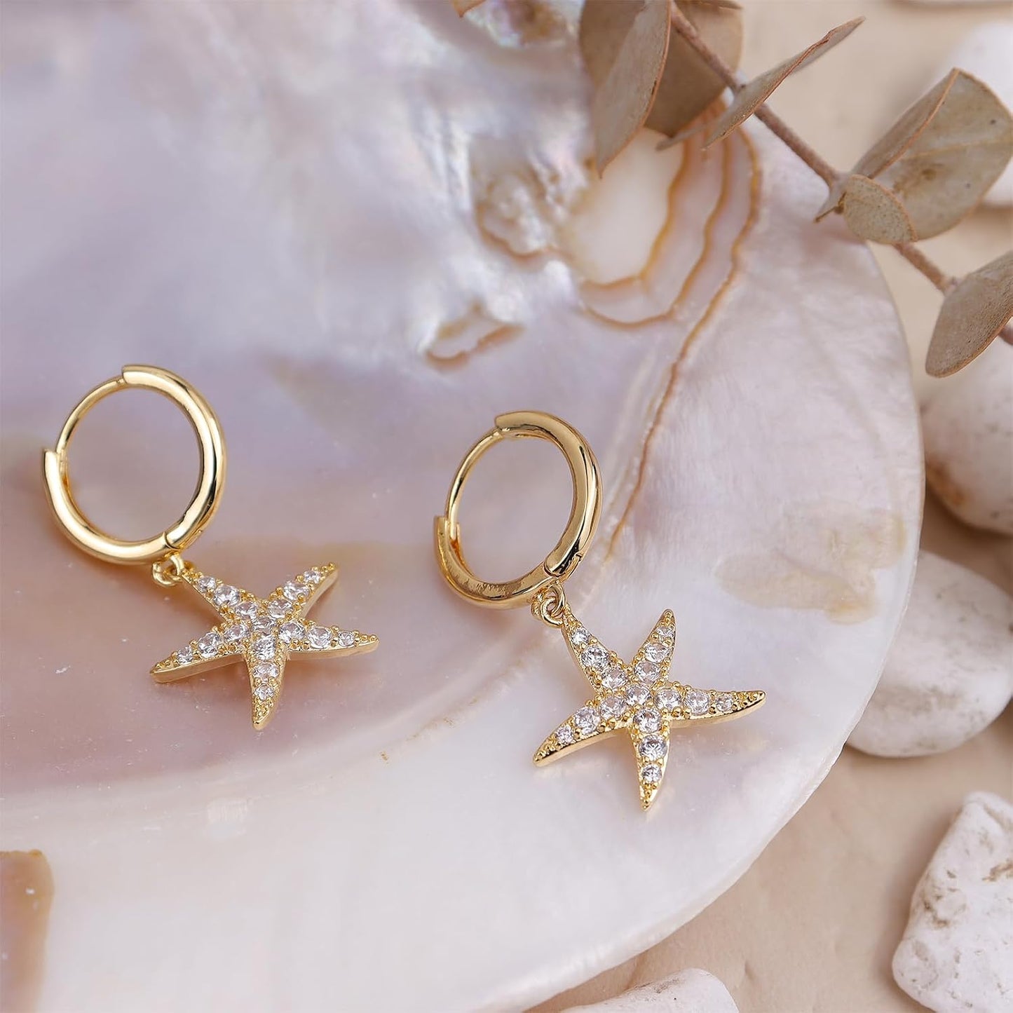 Jean Beau Gold Hoop Dangle Earrings for Women, Trendy Dainty Rhinestone CZ Christmas Tree Clover Starfish Drop Earrings Fashion Holiday Party Jewelry Gift