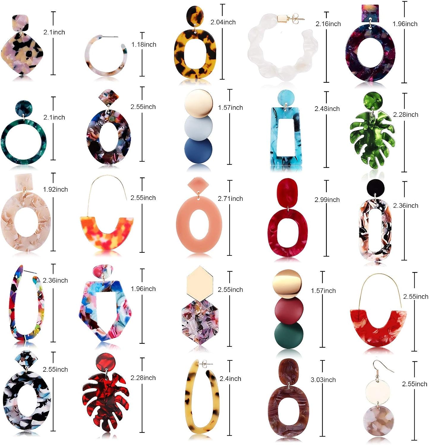 25 Pairs Acrylic Resin Statement Earrings Set for Women Mottled Hoop Fashion Drop Dangle Jewelry Hypoallergenic for Sensitive Ears