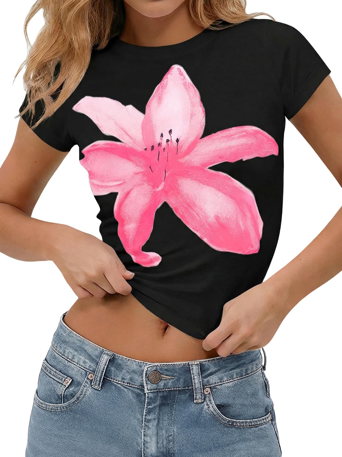 Tankaneo Womens Baby Tee Y2K Tops Summer Short Sleeve Graphic T Shirts | Floral Print, Crop Tops, Cotton, Short Sleeve, Slim Fit, Basic Tees