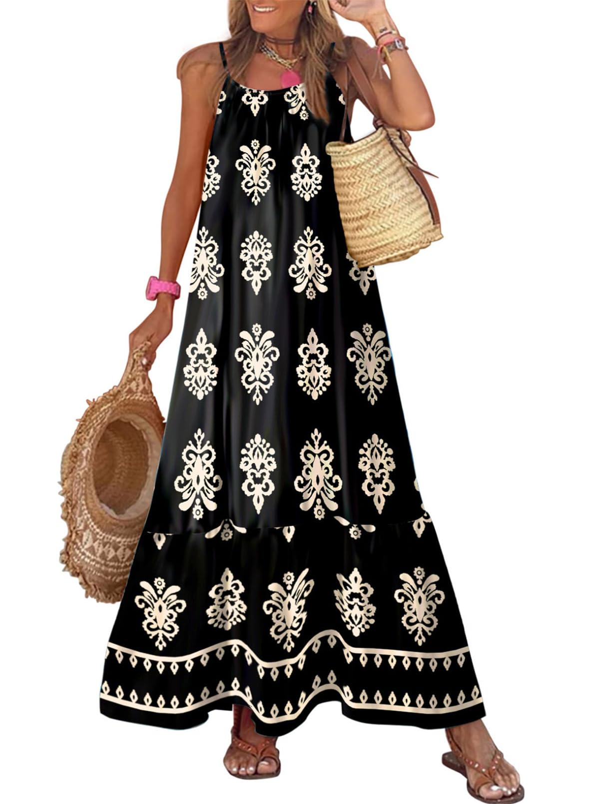 Dokotoo Women Summer Dresses Scoop Neck Ruffle Flowy Boho Maxi Dress | Spaghetti Strap Sundresses,Sleeveless,Beach Vacation Clothes,Ruffle A Line,Casual Boho Printed,Hawaiian Dresses,Wedding Guest