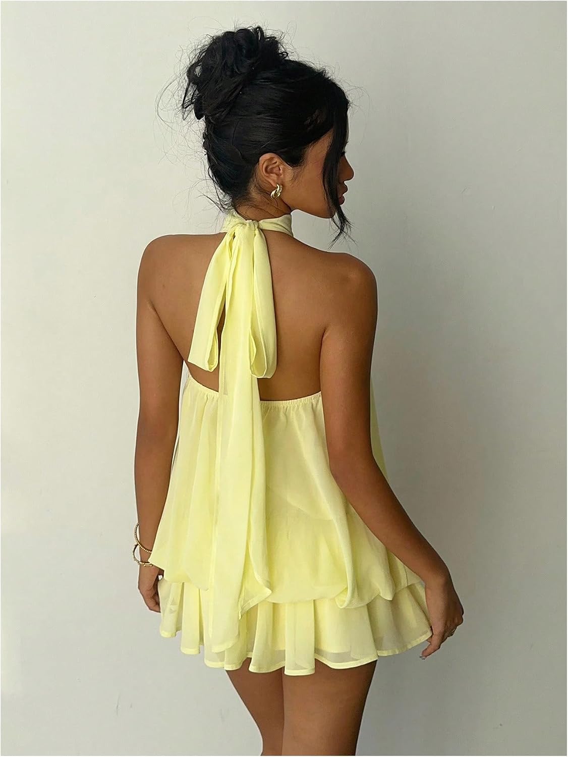 Verdusa Women's Chiffon Halter Drop Waist Flowy Wedding Guest Mini Dresses | Sleeveless, Ruffle Hem, Loose Fit, Brunch Outfits, Birthday, Going Out, Cocktail, Y2k