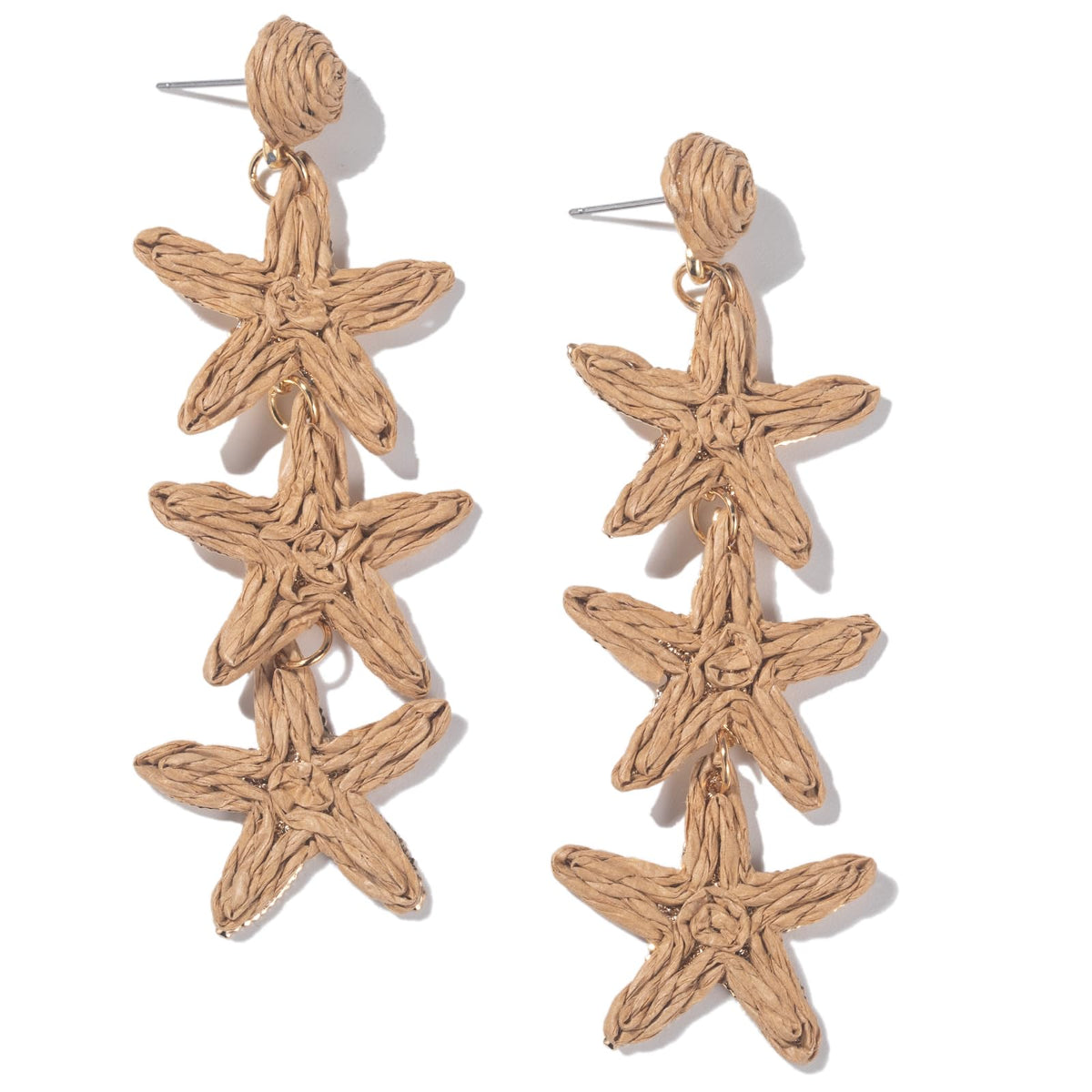 Raffia Starfish Seashell Dangle Drop Earrings Boho Summer Beach Jewelry | Fun Colorful Chunky Statement Long Big Shell Accessories Beachy Tropical Vacation Outfits for Women Trendy