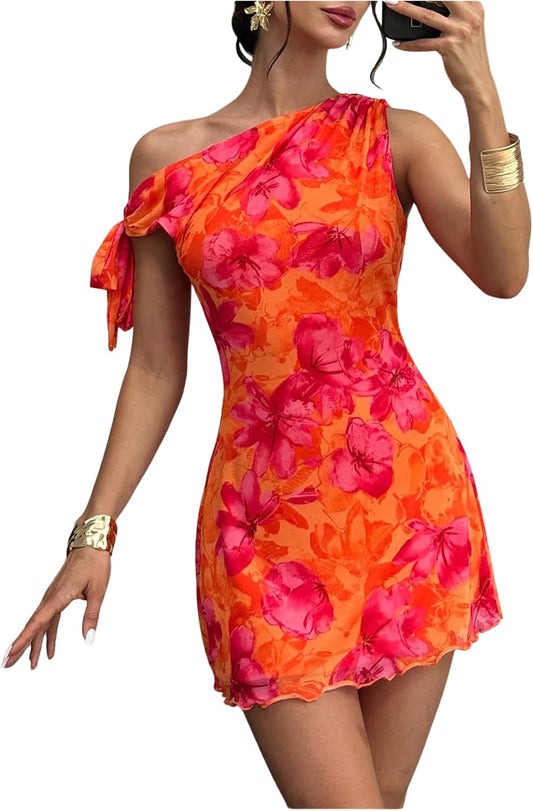 GORGLITTER Women's One Shoulder Wedding Guest Cocktail Mini Dresses | Orange Vacation Beach Sunset Dress, Floral Short Dress, Brunch Outfits, Asymmetrical Dresses